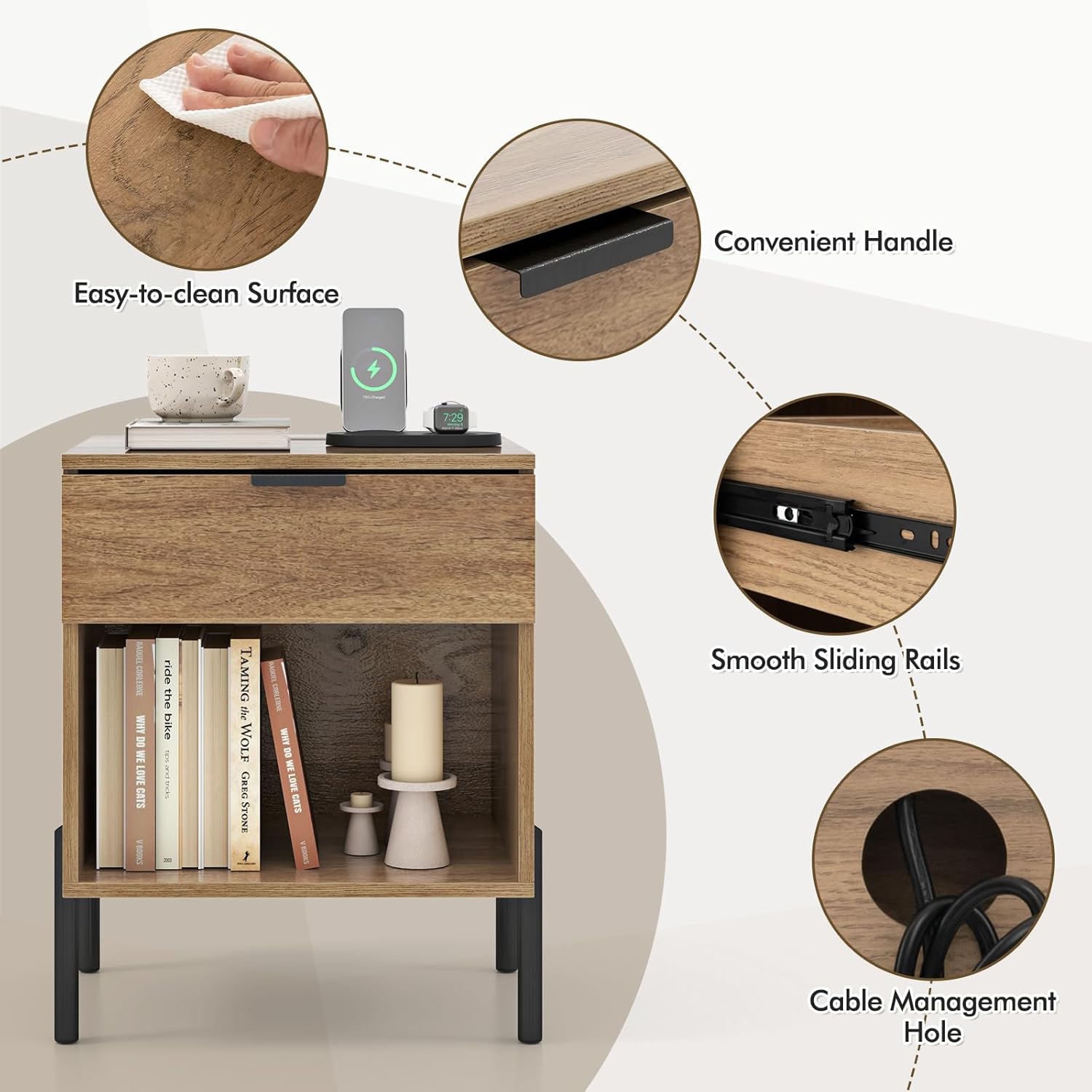 LOKO Nightstand with Charging Station, End Table Bedside Table with AC Outlet, 1 USB Port, 1 Type-C Port, Modern Side Table with Drawer, Elevated Metal Feet, for Bedroom, Small Space, Natural (1)