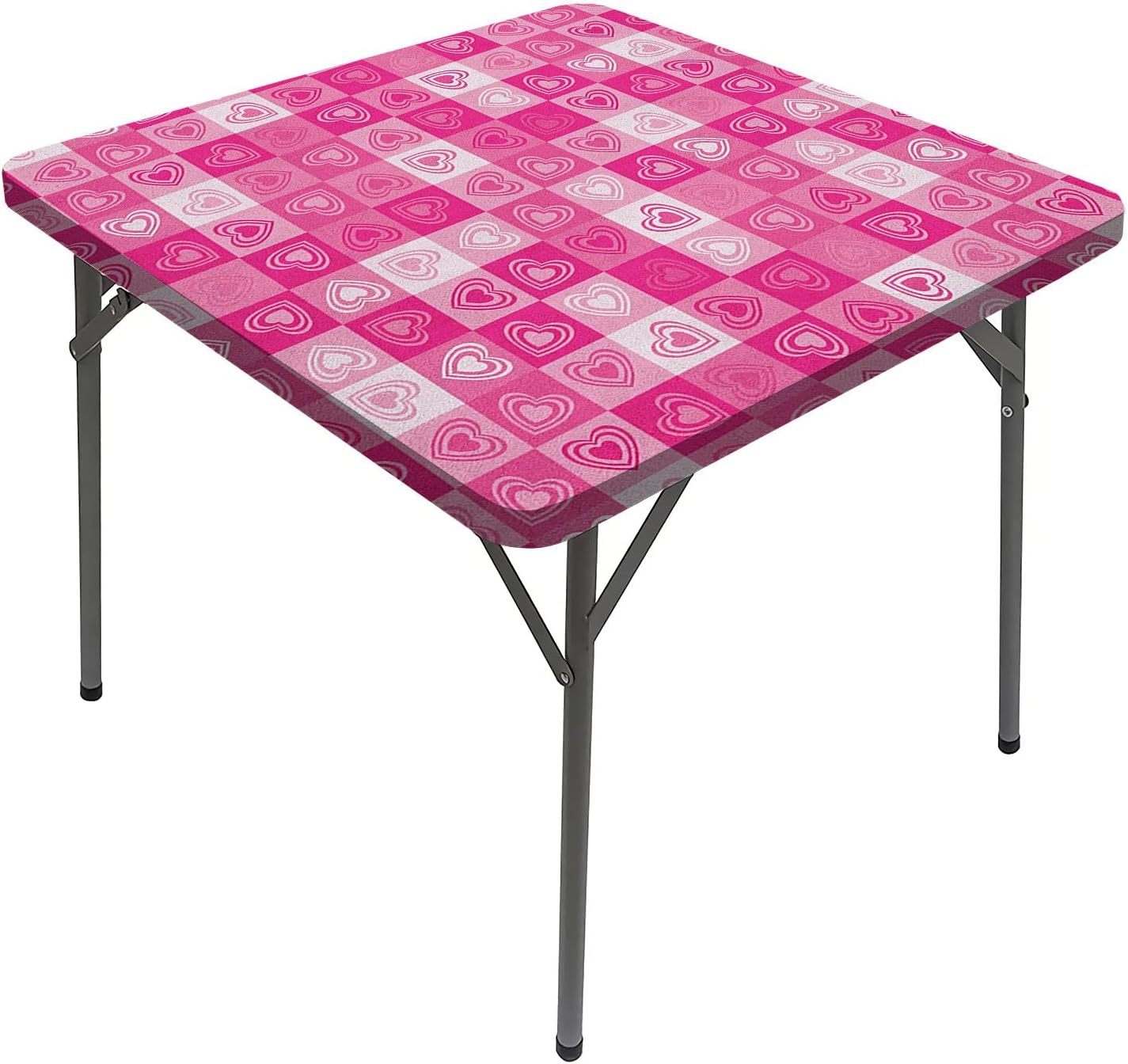Love Square Tablecloth, Checkered Pattern in Pink Tones with Heart Shape Square Dining Table Cover, Fits 52x52 inch Table, for Outdoor Indoor Holiday Picnic Party Cloth, Pink White