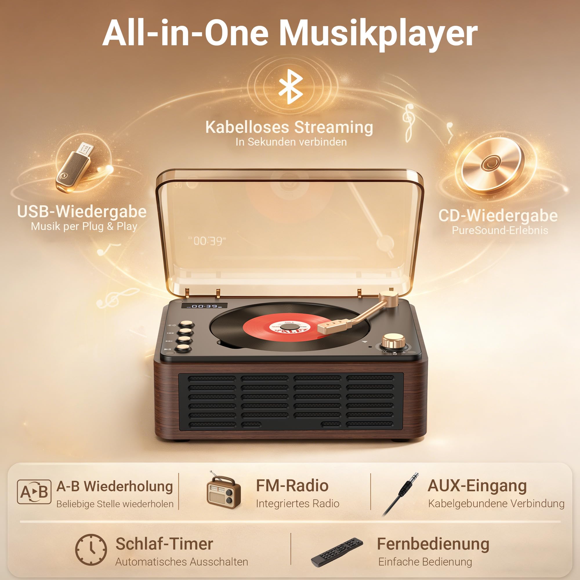 POFOTO Tragbarer CD-Player mit Bluetooth 5.3, Langer Akku, Bluetooth-Lautsprecher, LCD-Display, unterstützt Radio/USB/AUX, Vintage Desktop CD Spieler mit Lautsprecher – für Zuhause/Geschenk