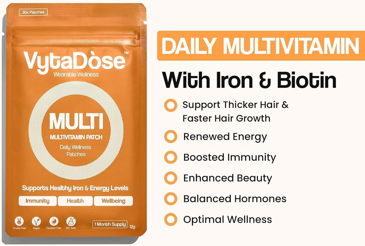 Vytadose Multivitamin Patches | Hair Growth for Women | Topical Daily Iron, Biotin & Vitamin Patches Supports Thicker Hair, Skin & Nails | Vegan, Water-Resistant | Kind to Sensitive Skin | 30 Count