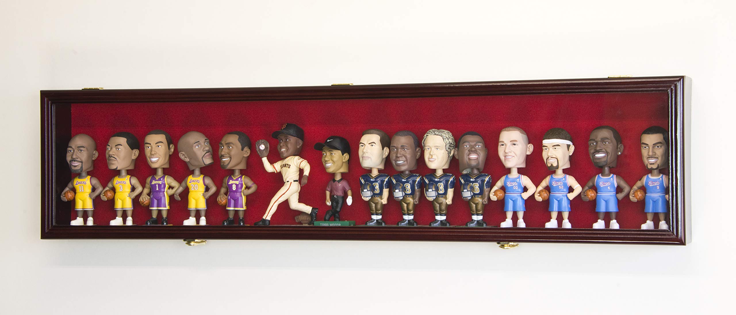 Horizontal Bobble Head Action Figures Doll Display Case Cabinet Wall Rack - Lockable (Cherry Wood Finish, Red Felt Background)