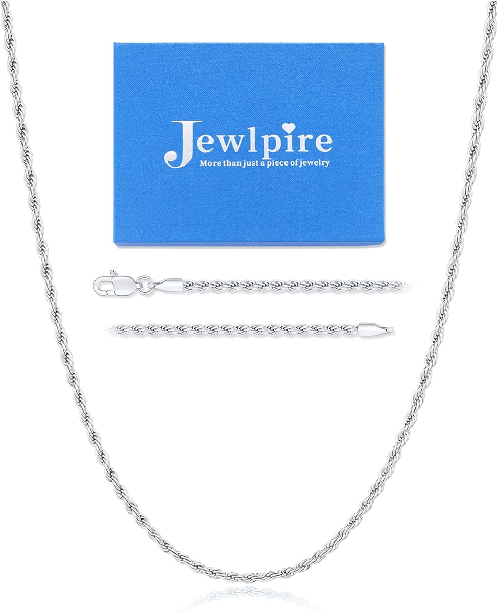 Jewlpire Silver Rope Chain/14k Gold Plated Chain Necklace for Men, 2.5mm 3mm 4mm Chains for Men Women, Stainless Steel Necklace Chains, Mens Necklaces 16 18 20 22 24 26 Inch