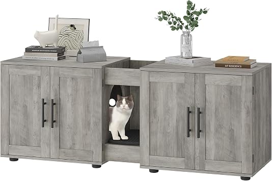 Dual Room Cat Litter Box Enclosure for 2 Cats - Wooden Hidden Cat Washroom Cabinet with Scratching Mat, Storage Cabinet, Waterproof & Easy-Clean Surface, 55  x 17.7  x 22.5 , Grey