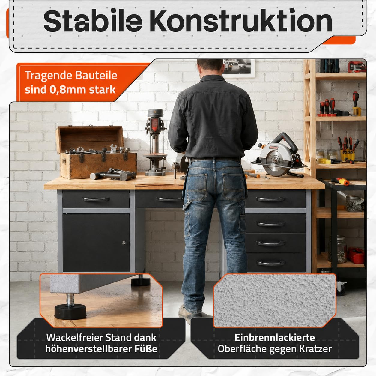 Ondis24 Werkbank 160 cm breit mit 6 kugelgelagerten Schubladen und Sitzplatzöffnung in der Mitte, Staufach mit großer abschließbarer Tür, Werktisch Montagewerkbank Werkstatttisch