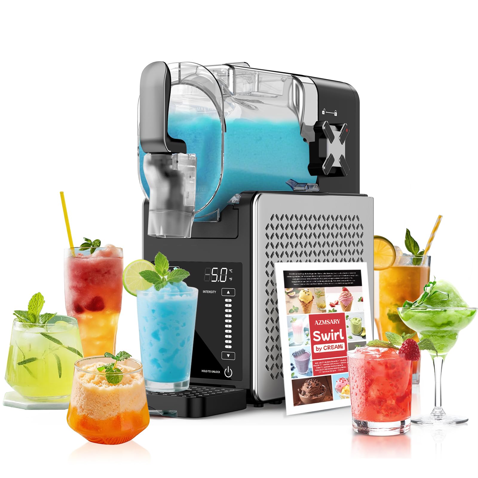 Slush Maschine – 2,5 L Slushie Maschine für Zuhause, mit LED-Display, 6 voreingestellten Programmen für Eiscreme, Frappés, Milchshakes automatischer Reinigung Swiss Classic Set (Black+Sliver)