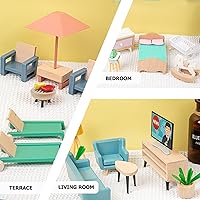 Vista 5 de 43PCS Wooden Dollhouse Furniture Set 6 Rooms with 5 Family Dolls,Wood and Plastic Dollhouse Accessories, in/Outdoor Scenes Pretend Play Toys