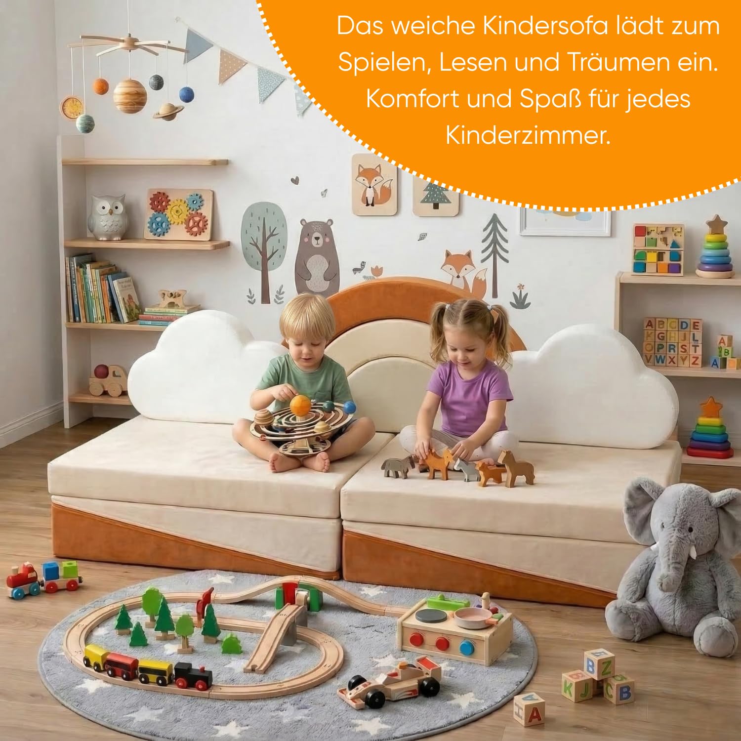 Kinder Spielsofa – 11-TLG. Modulares Kindersofa 140x65x63 cm, Samtbezug wasserabweisend, 25D PU-Schaum, Spielcouch fürs Kinderzimmer, CE EN71 & OEKO-TEX, Kinder Sofa Inkl. Sticker Geschenk