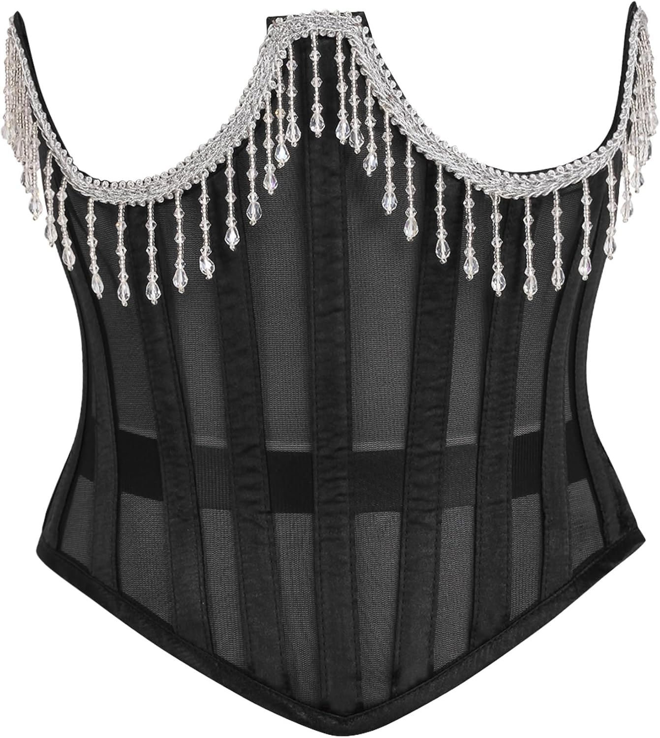 Daisy corsets Women's Daisy Corsets Top Drawer Steel Boned Sheer Underwire Waist Cincher W/Fringe