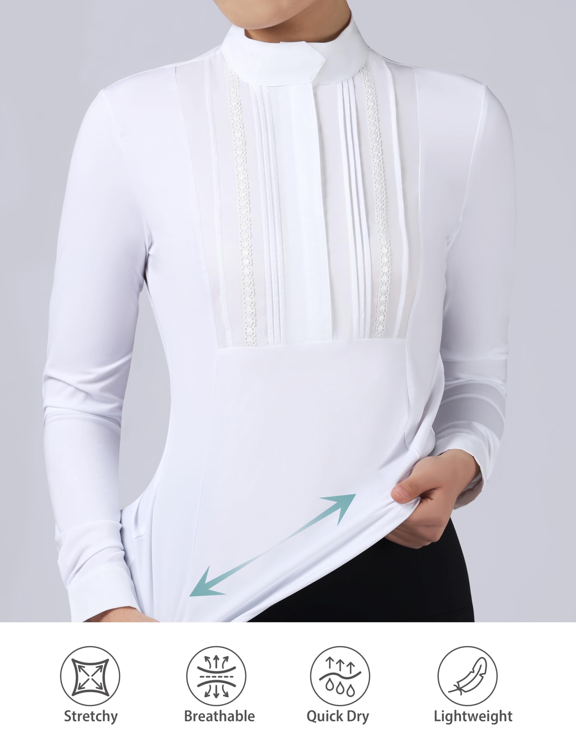 Harrison Howard Plissiertes Reiteroberteil, Reitershirt, langärmelig, Reitshow-Shirt mit Spitzenbesatz