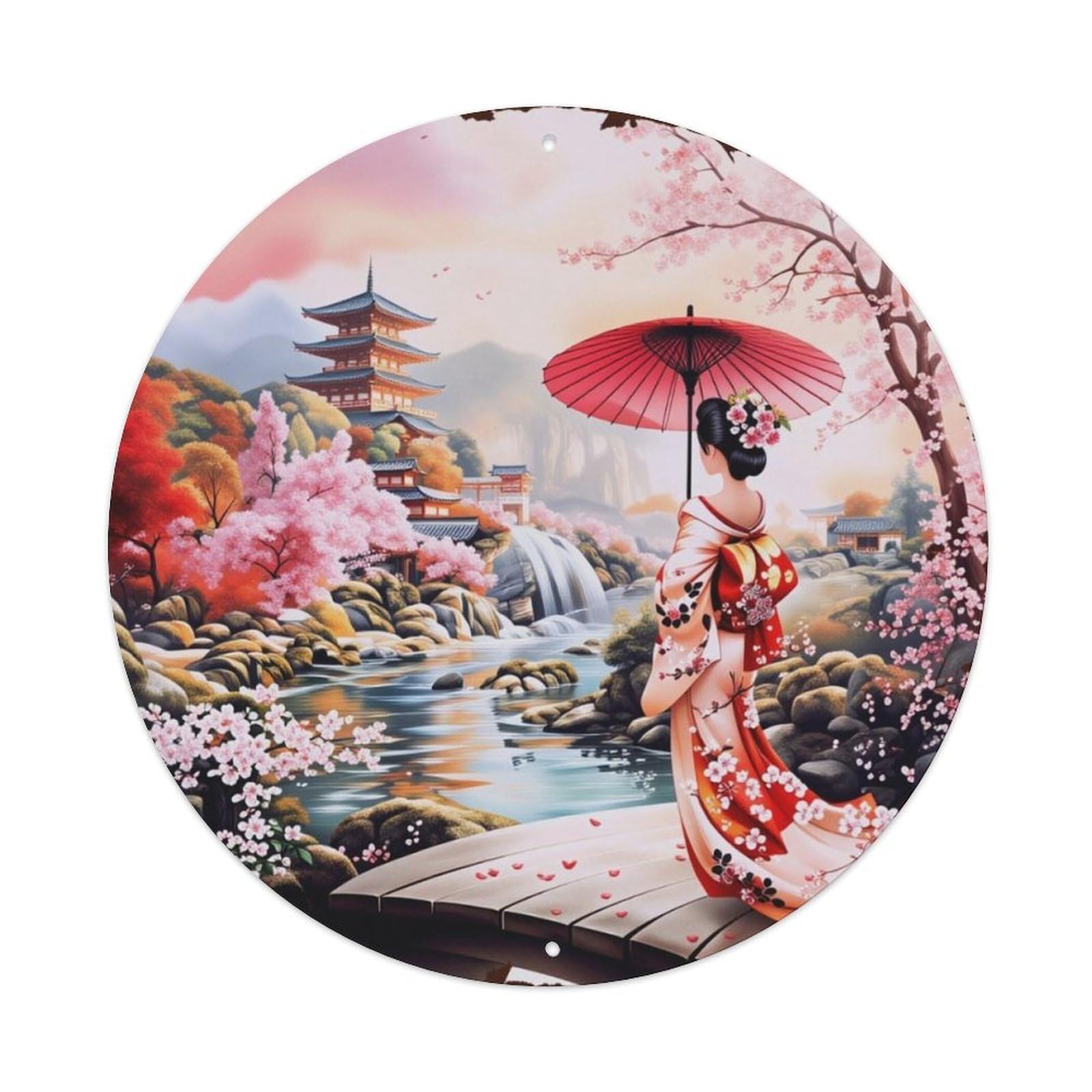 Japanese Cherry Blossom Landscape Geisha Round Sign Vintage Aluminium Metal Sign, Retro Wall Decor for Home, Bar, Garage & Farmhouse 20x20cm