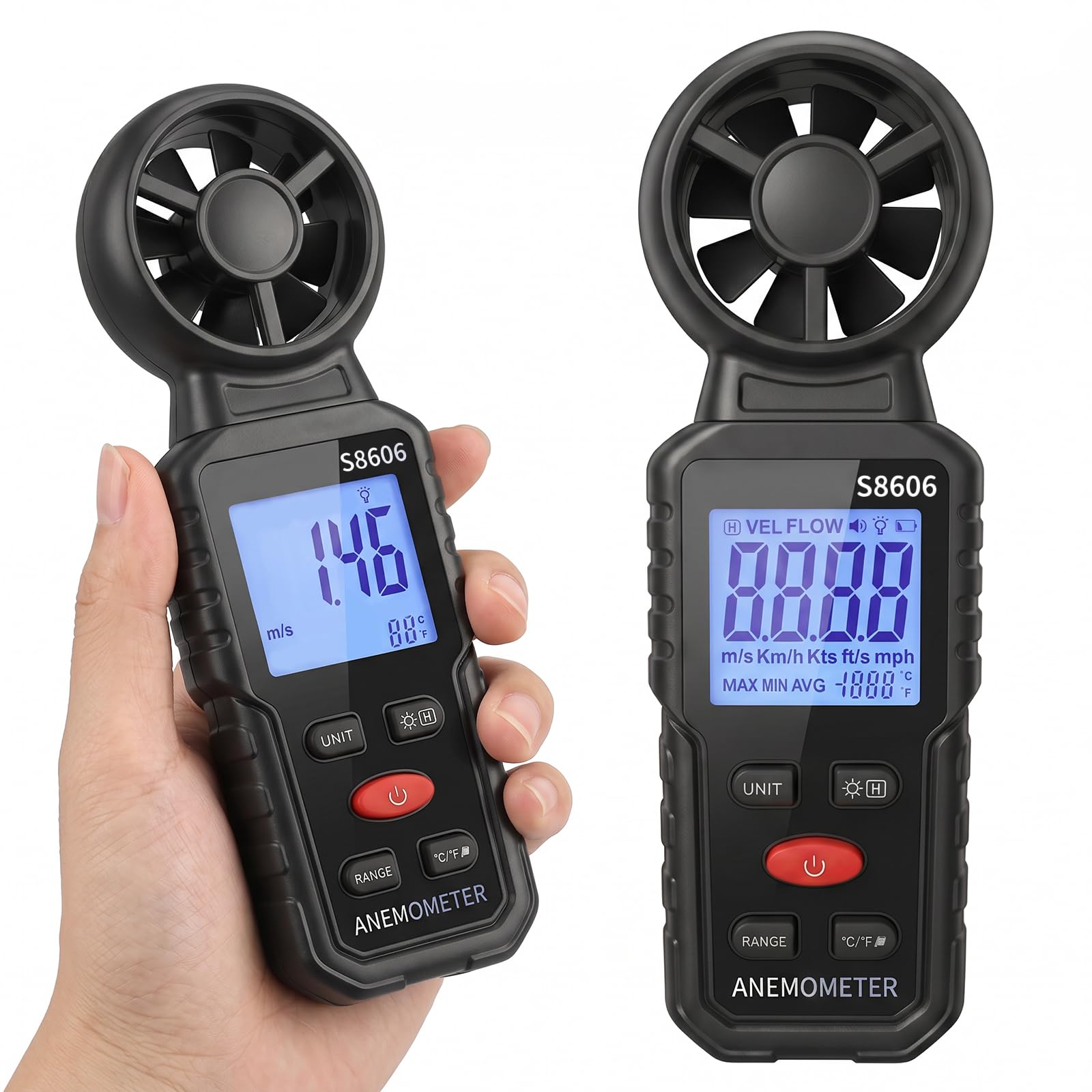 Anemómetro Digital Portátil 3 en 1 con Pantalla LCD Retroiluminada, Medidor de Velocidad del Viento, Temperatura y Flujo de Aire, Funciones MAX/MIN/AVG, para Navegación, Drones, Surf y Pesca
