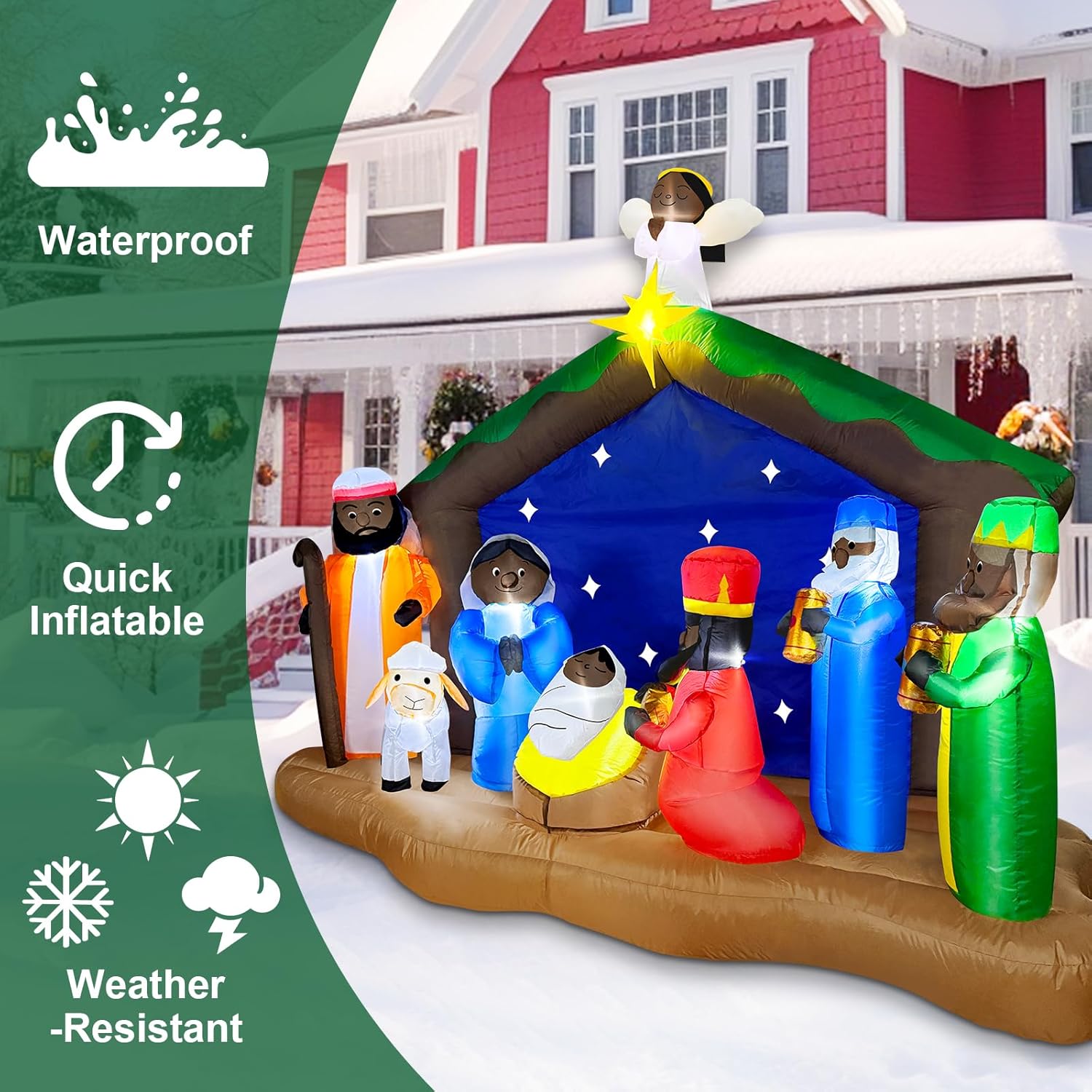 Black Santa Christmas Decorations, 8 Ft Long African American Christmas Inflatable Black Nativity Scene Outdoor Decoration, Blow Up The Birth of Jesus Set with Angel Built-in LEDs Xmas Yard Decor - Image 5