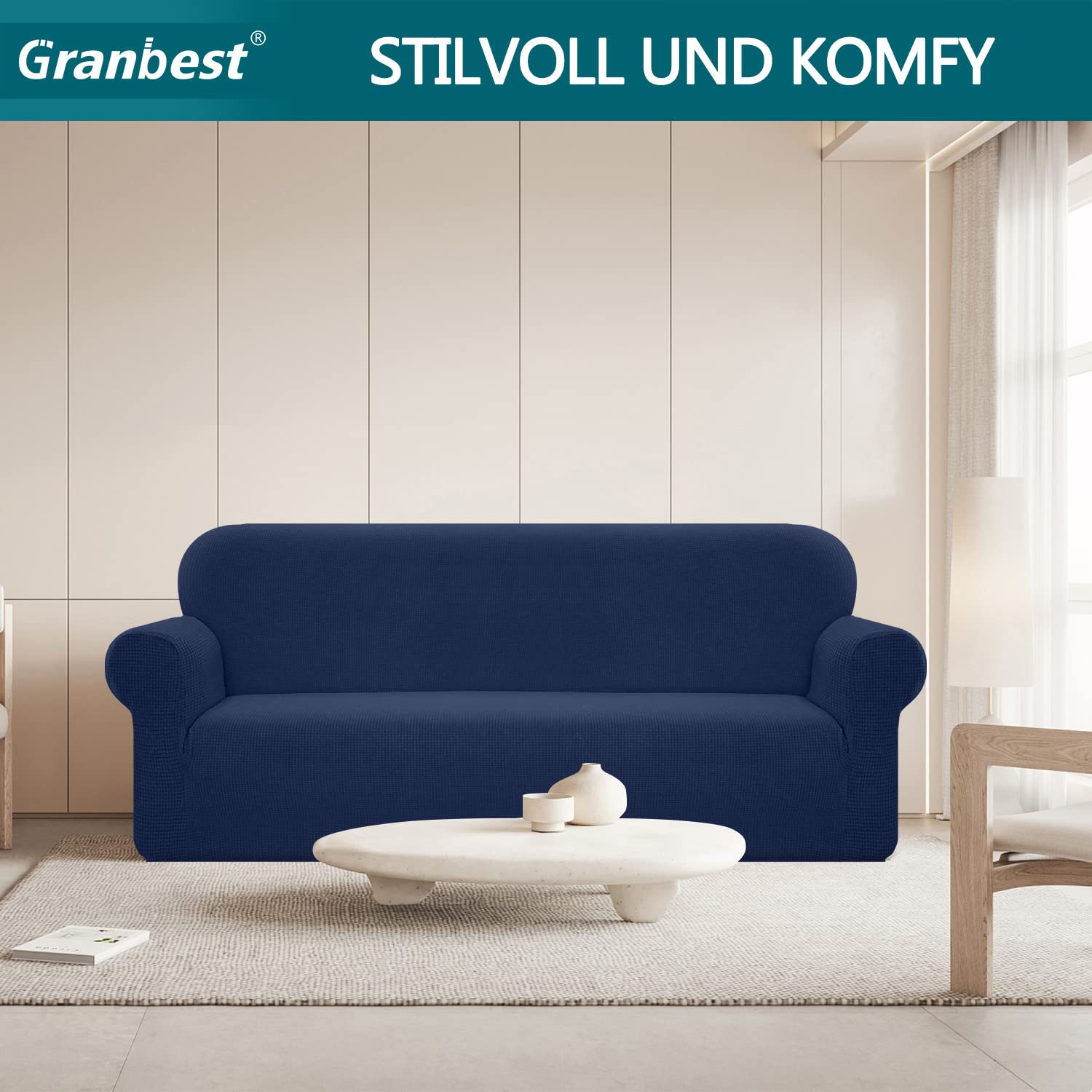 Granbest Copridivano elasticizzato, impermeabile, 1 pezzo, in spandex, jacquard, con gommapiuma antiscivolo (4 posti, blu scuro)