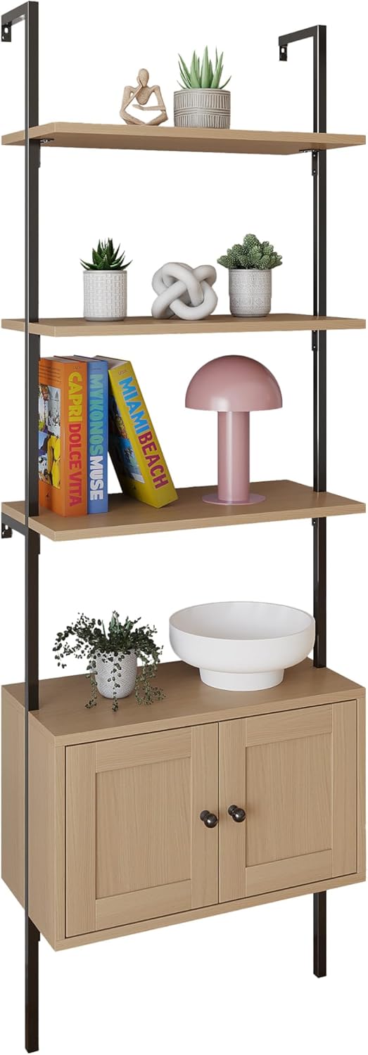 happimess MSH1002C Tulare 72.05" MidCentury Industrial 4-Shelf Wood Wall-Mounted Open Ladder Bookcase with Cabinet and Metal Frame, Brown/Black