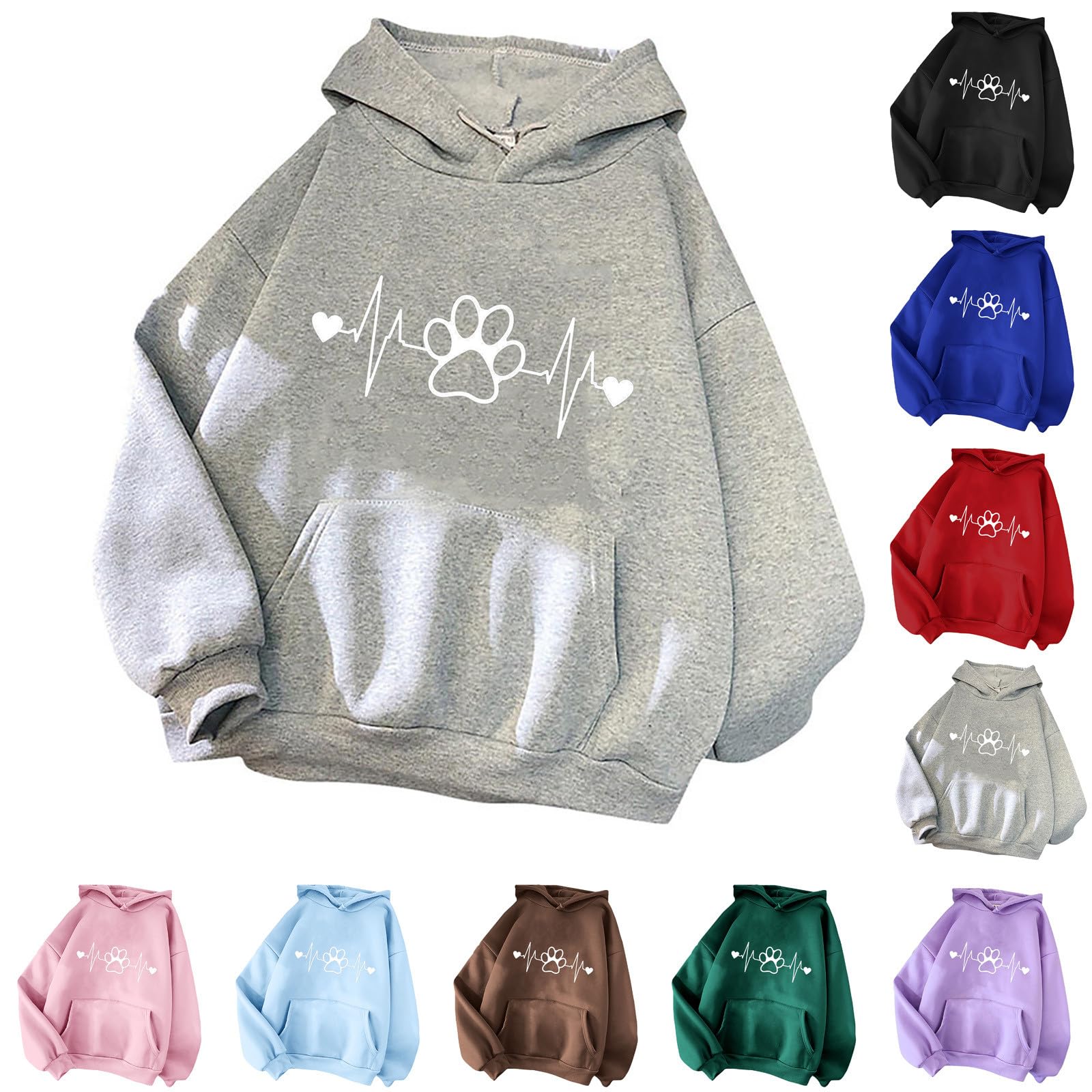 Hoodie Damen EKG Hundepfote Druck Kapuzenpullover Modische Sweatshirt Mit Kapuze Locker Langarm Kapuzenpulli Frühling Sommer Hoody Oberteile Lässig Langarmshirt Pullover Longsleeve Basic Tops