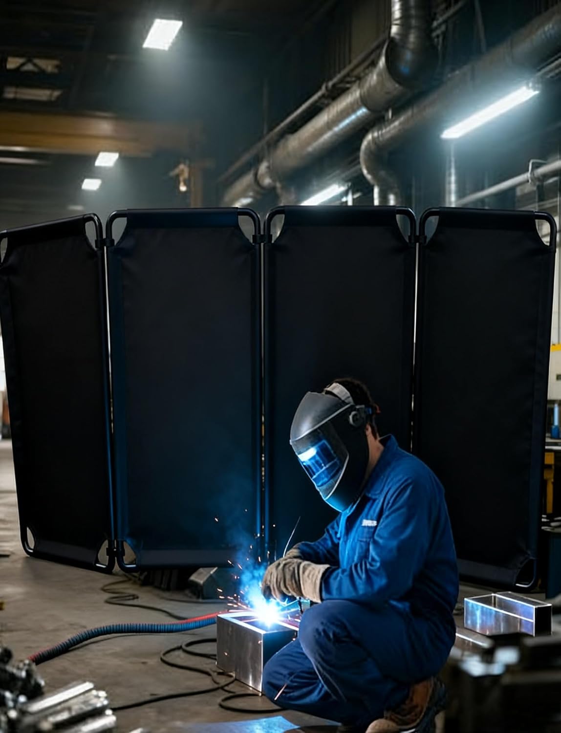 H125cm Welding Screen with Frame 2pcs,Flame-Resistant Welding Curtain,Portable Welding Protection Screen for Workshop and Industrial Use