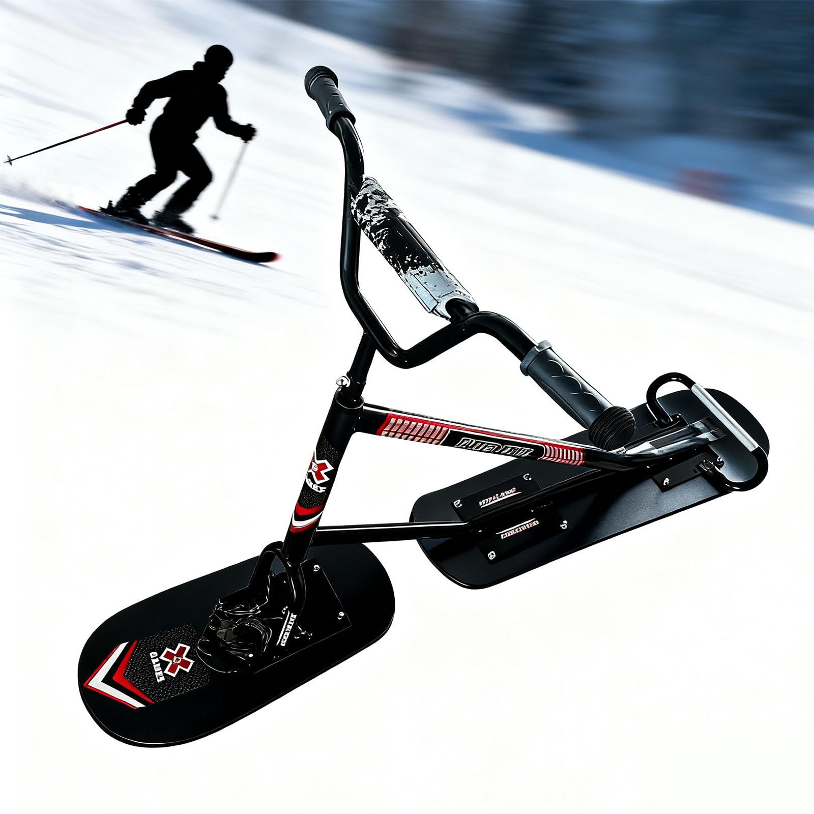 Monopattino da neve doppio con sci rotante per un controllo agile e design su tutti i terreni, ideale per sentieri battuti e uso backcountry da parte di adulti e ragazzi