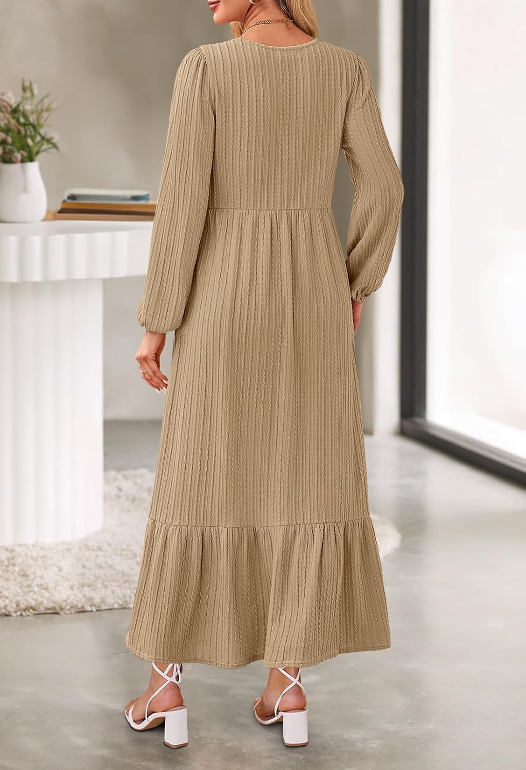 MEROKEETY Women's Fall Long Sleeve Maxi Dresses 2025 Casual Knit Crew Neck Tiered Flowy Pockets Dress - Image 4