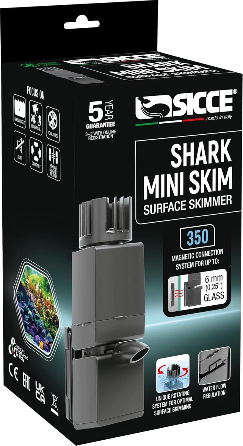 Sicce Shark MINI Aquarium Surface Skimmer 350 up to 40 Gallon Aquariums | 90 GPH Flow Rate Efficient Debris Oil Film Removal Freshwater & Saltwater