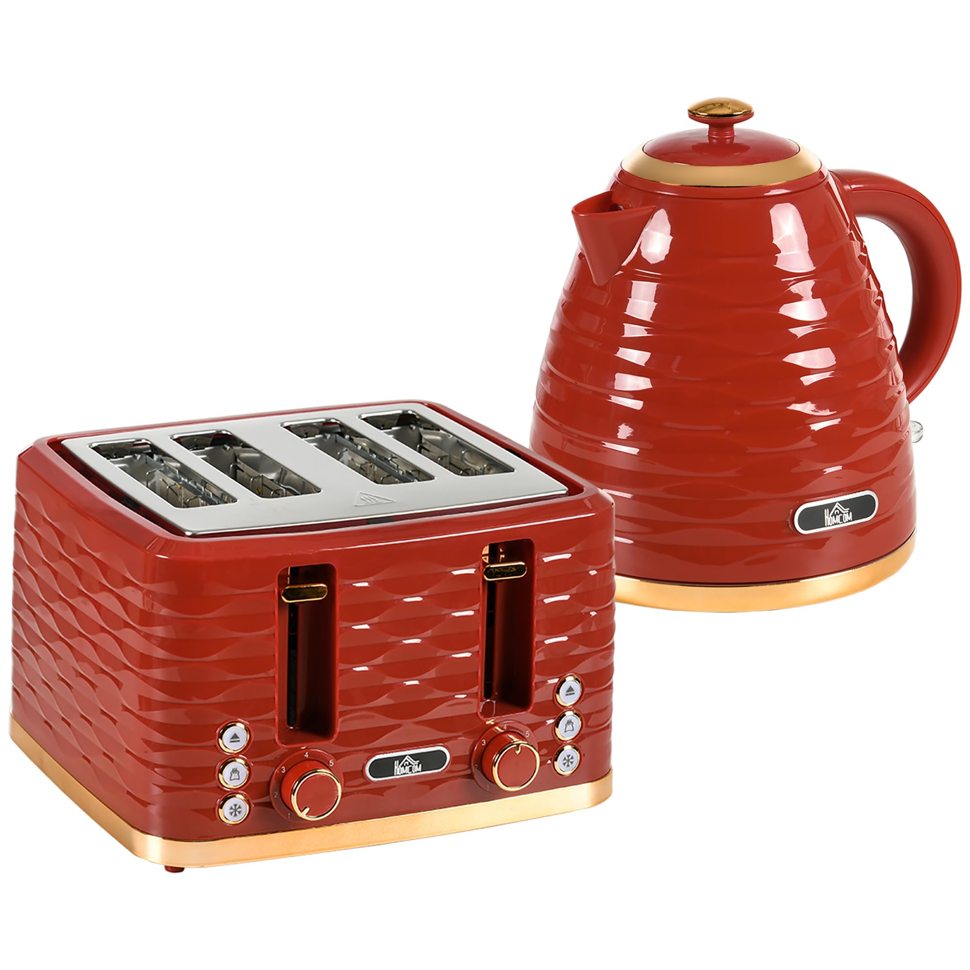 HOMCOM Kettle and Toaster Sets, 3000W 1.7L Rapid Boil Kettle & 4 Slice Toaster with 7 Browning Controls, Defrost, Reheat and Crumb Tray, UK Otter Thermostat, Red