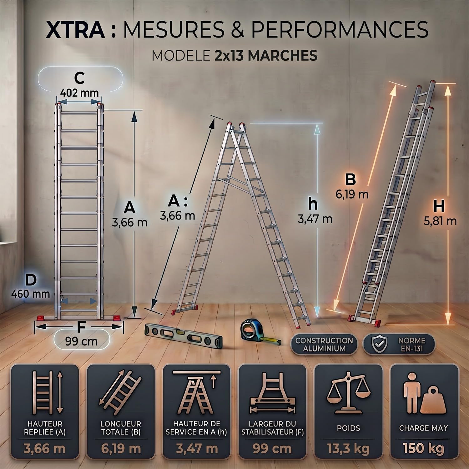 Xtra Echelle Transformable en Aluminium 2 Plans 13 marches