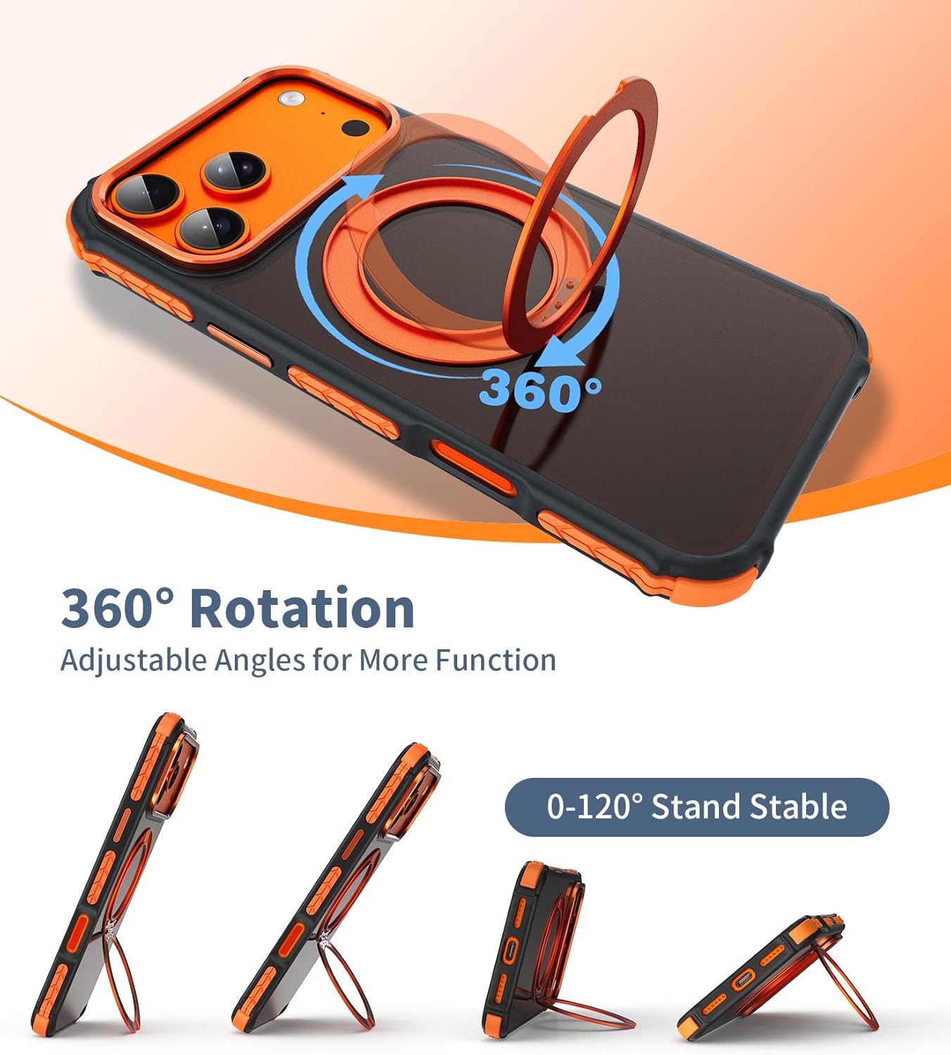 Magnetic Case for iPhone 17 Pro with Mag-Ring Holder Stand, [Screen Protector + Camera Lens Protector] [Military Grade Drop Protection] Translucent Matte Shockproof Phone Cover, Forest Orange