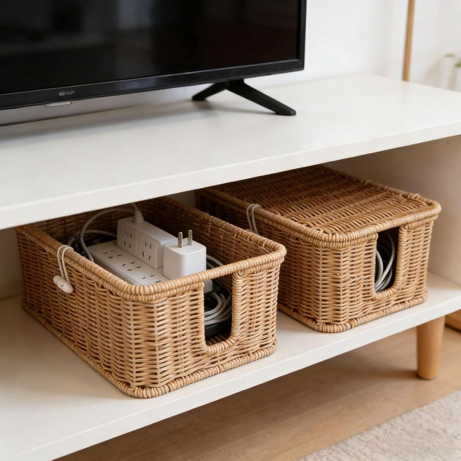Handwoven Rattan Cable Management Box, Decorative Cord Organizer with Safety Lock, Basket to Hide Cords, 2 Side Open for Power Strips & Chargers (Brown, M)