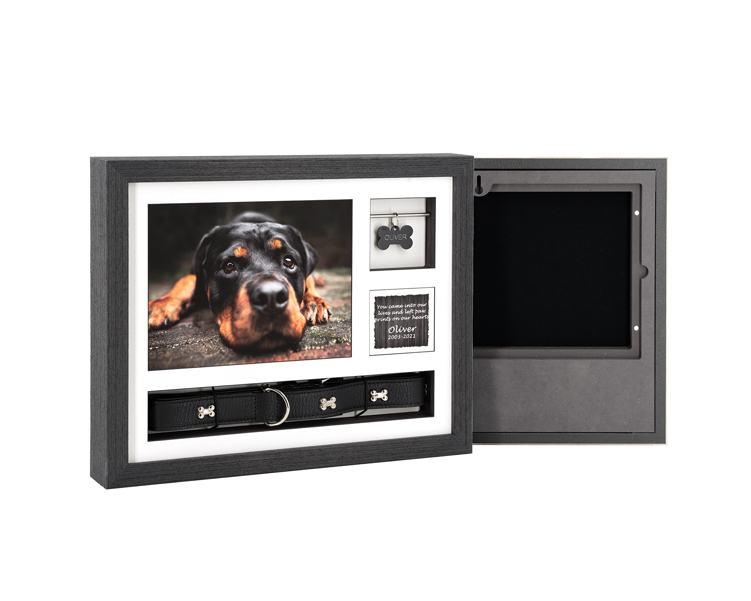 Solid Wood Pet Ashes Photo Frame Urn 14x11 – Displays Photos, Collar and Tag (Black, With Optical Glass)