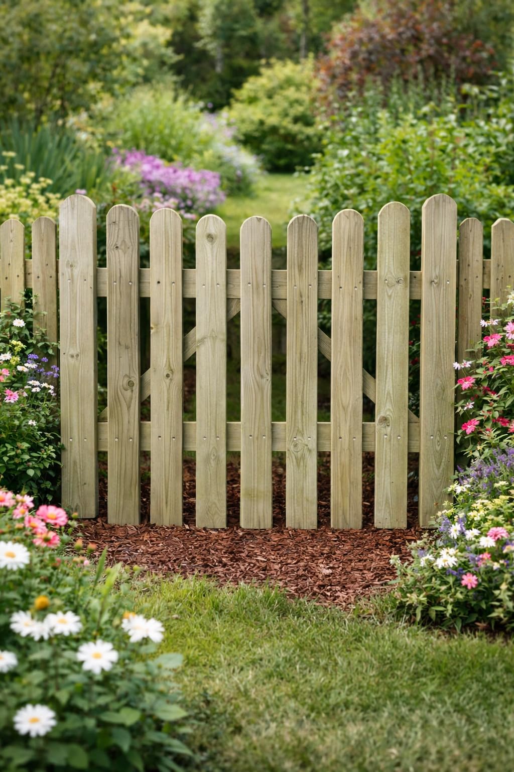 Wooden Garden Under Arched Picket Gate Pressure Treated Timber Pedestrian Fence Gate, Outdoor Wooden Garden Gate with Picket Design (120cm High x 99cm Wide x 5cm deep)
