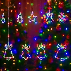 Cascata LED de Natal, 3 Metros, Sinos e Estrelas Iluminadas, 110 LEDs, 8 Funções de Pisca, Decoração Natalina para Ambientes Internos e Externos