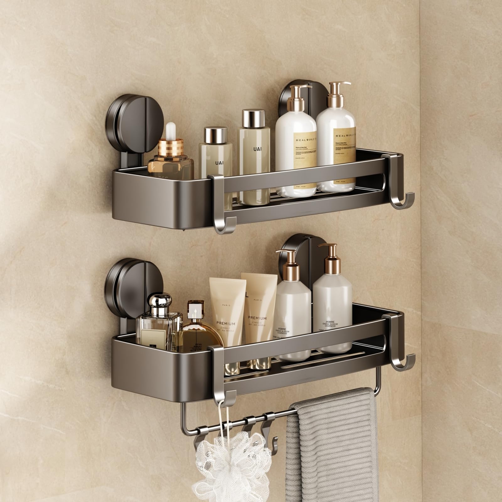 Mustorn Shower Caddy Suction Cup, Adhesive Bathroom Shelves Shower Storage Wall Mounted Bathroom Caddy Stick on Shower Organiser Rack with Towel Bar & Removable Hooks(2 Pack, Grey)