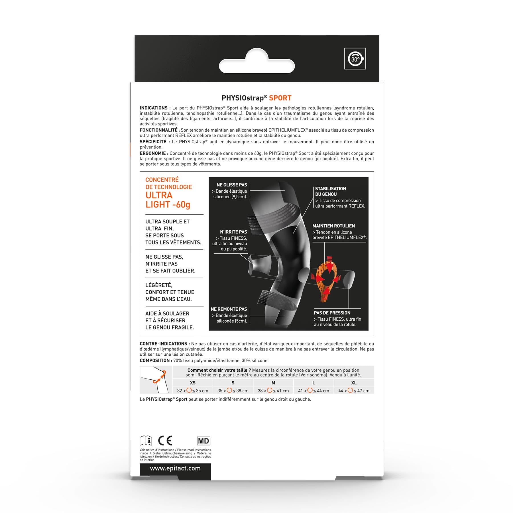 Epitact Genouillère Sport PHYSIOstrap® Syndrome Rotulien Tendinite Arthrose Fine Légère M