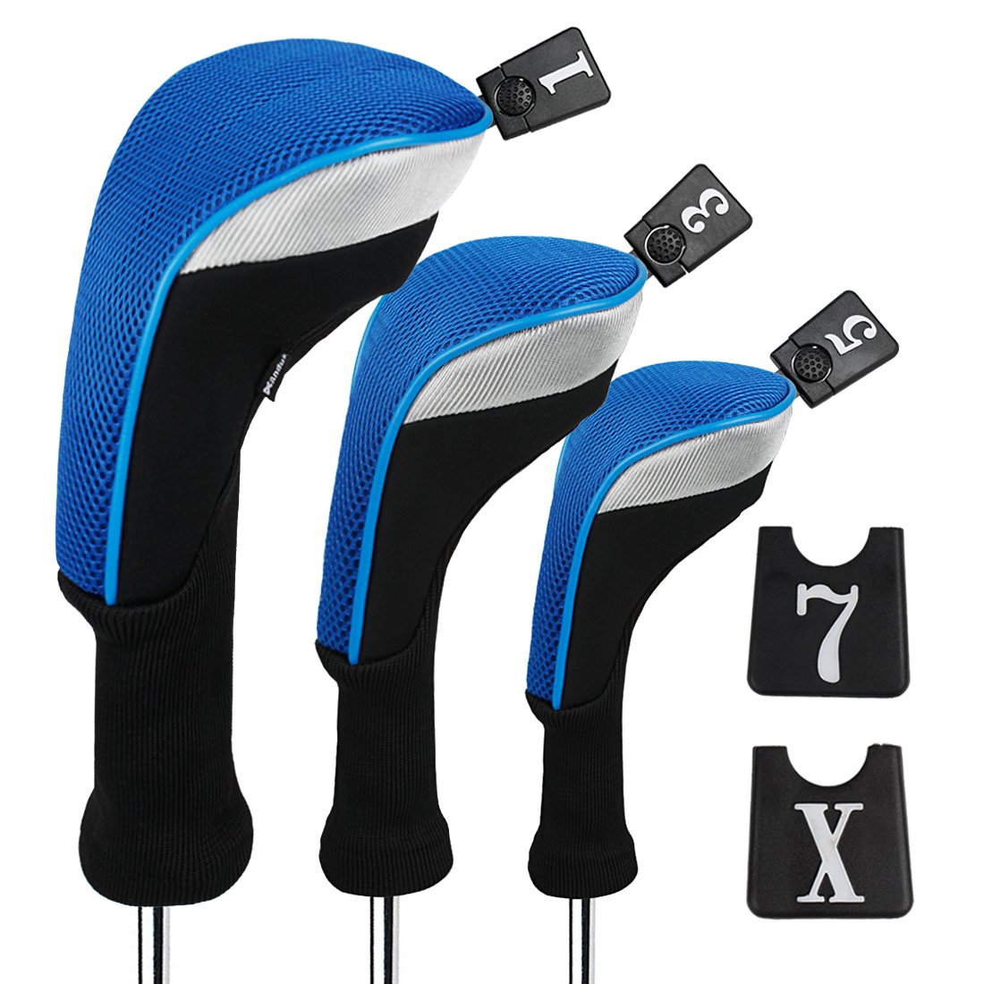 Andux 3pcs/Set Golf 460cc Driver Fairway Wood Club Head Covers Long Neck with Interchangeable No. Tags Black/Blue — image 1