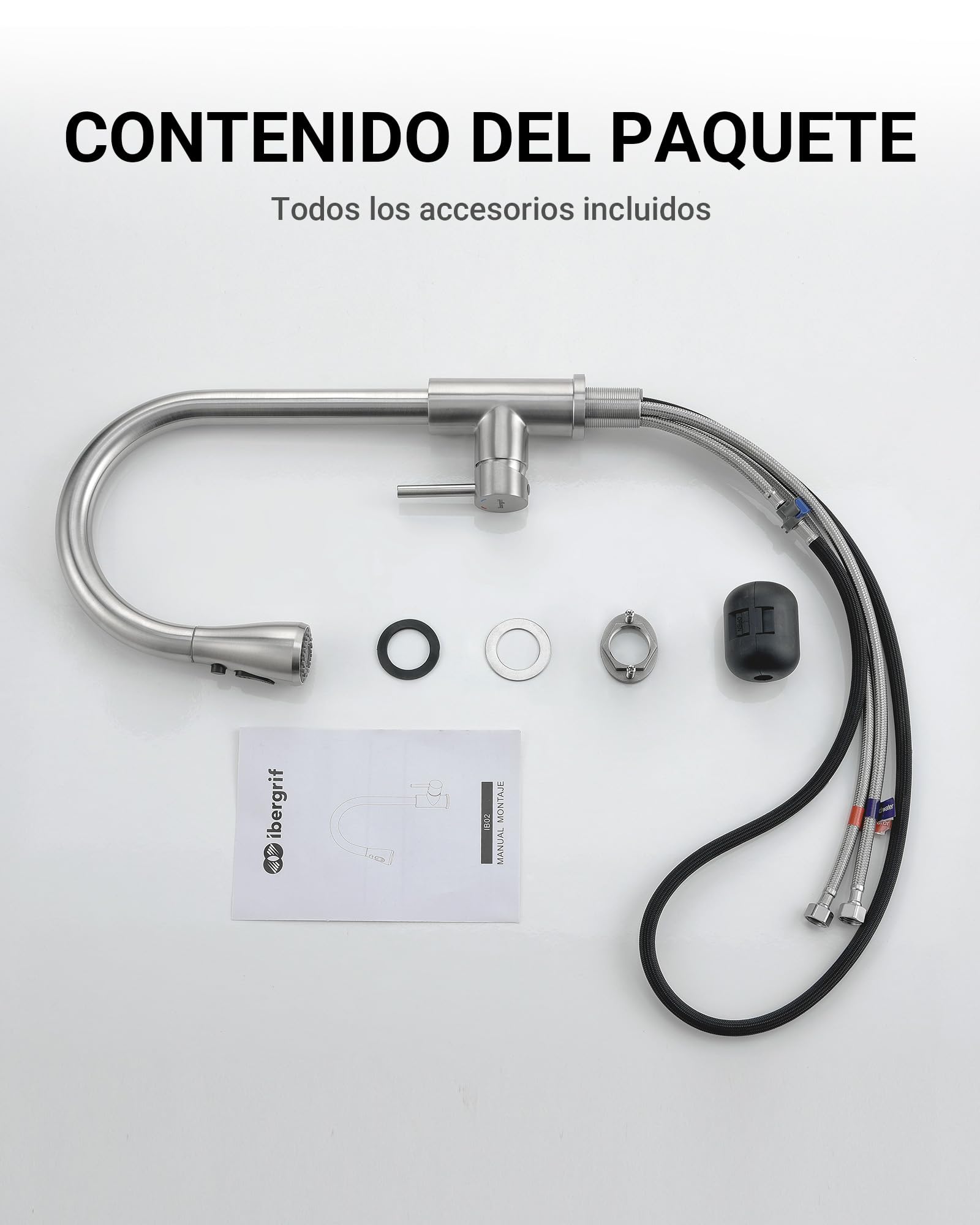 Ibergrif Grifo Cocina Extraíble, Grifo Cocina Fregadero 360° Giratorio, 3 Modos de Agua, Acero Inoxidable 304, Ahorro Energético 30%, Instalación Sin Herramientas en 5 Minutos, M22137