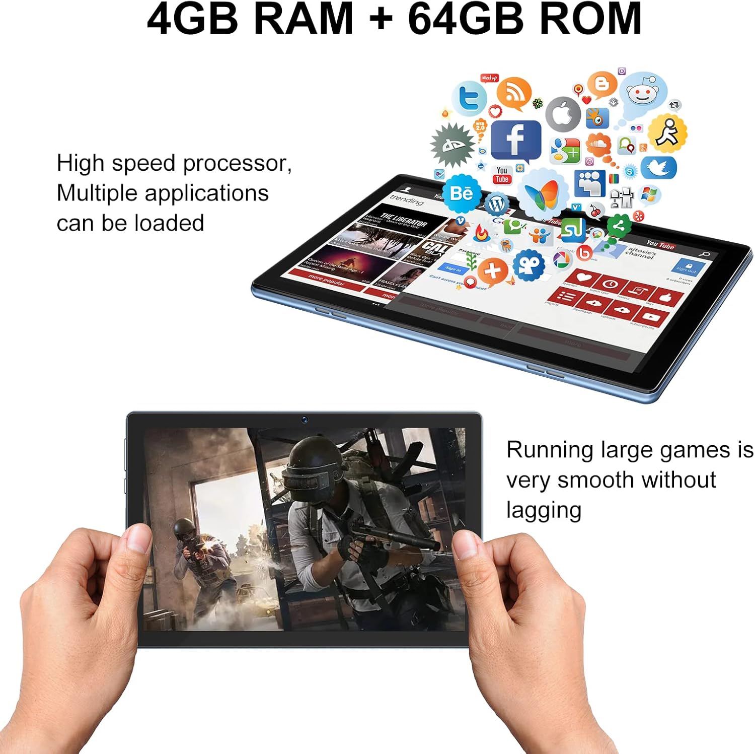 Tablet showing 4GB RAM and 64GB ROM, with icons for apps and gaming