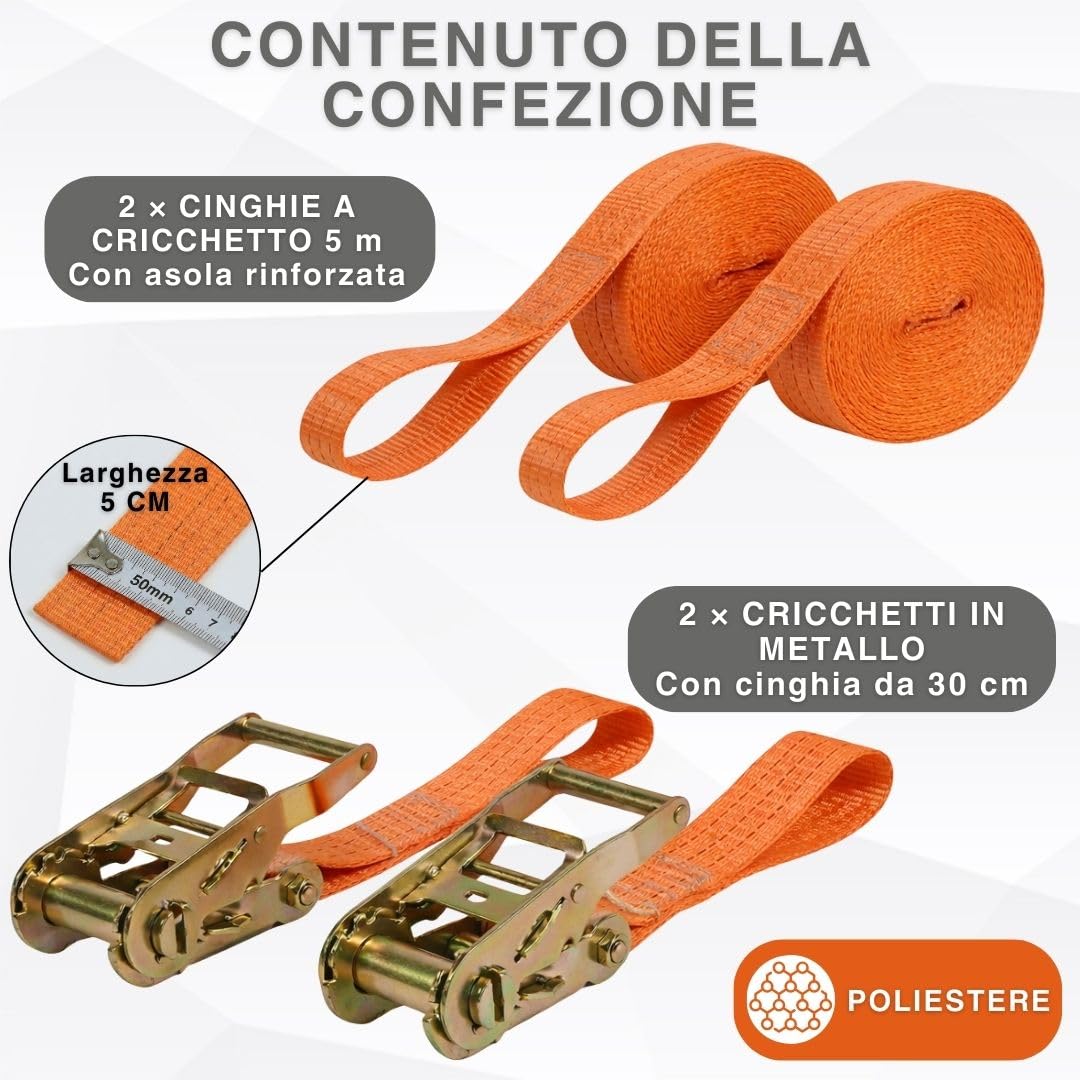 Cinghia con Cricchetto 5m x 50mm Set 2 Pezzi | Cinghia Ancoraggio per Fissaggio Carico | Cinghia Trasporto per Rimorchio Auto