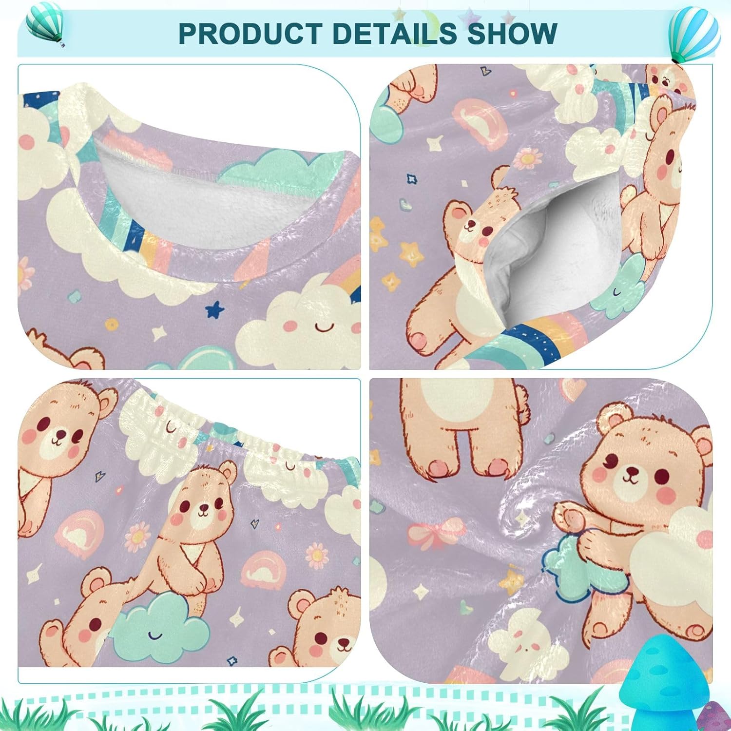 Kids Flannel Sets Cartoon Bear with Clouds Warm Plush Relaxed Clothing for Boys and Girls