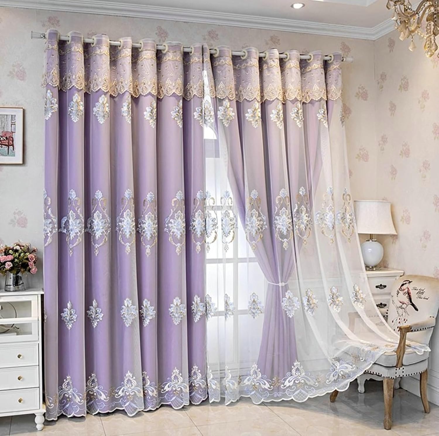 Bedroom Curtains 2 Panel Sets 84 inch Long, Blackout Curtains Eyelets European Style Double Layer Embroidered Flowers Window Treatment Curtain for Living Room Purple, 52 x 84 Inch