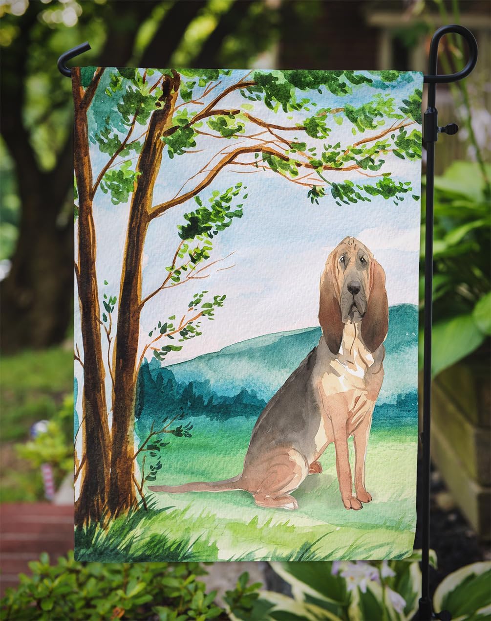 Caroline's Treasures CK2581GF Under the Tree Bloodhound Garden Flag Mailbox Flag Decorative Yard Flag Banner Outside Patio Artwork Yard Flower Beds, Garden Size, Multicolor