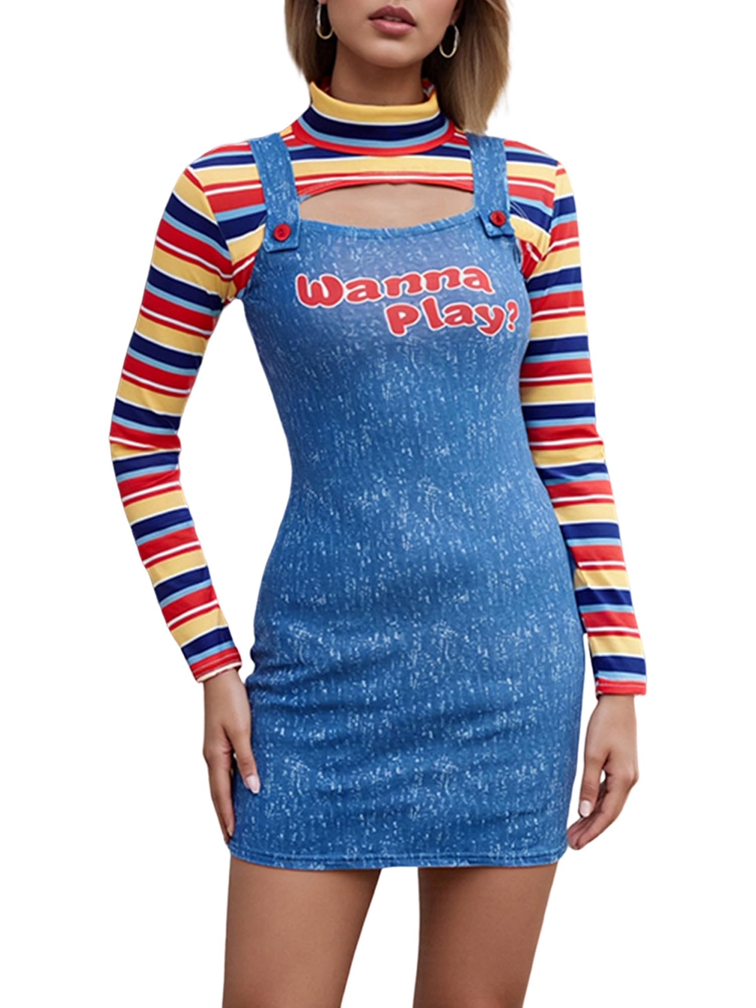 Anuedgis Women Halloween Chucky Costume Striped Crop Top & Suspender Skirt (A-Blue, L)