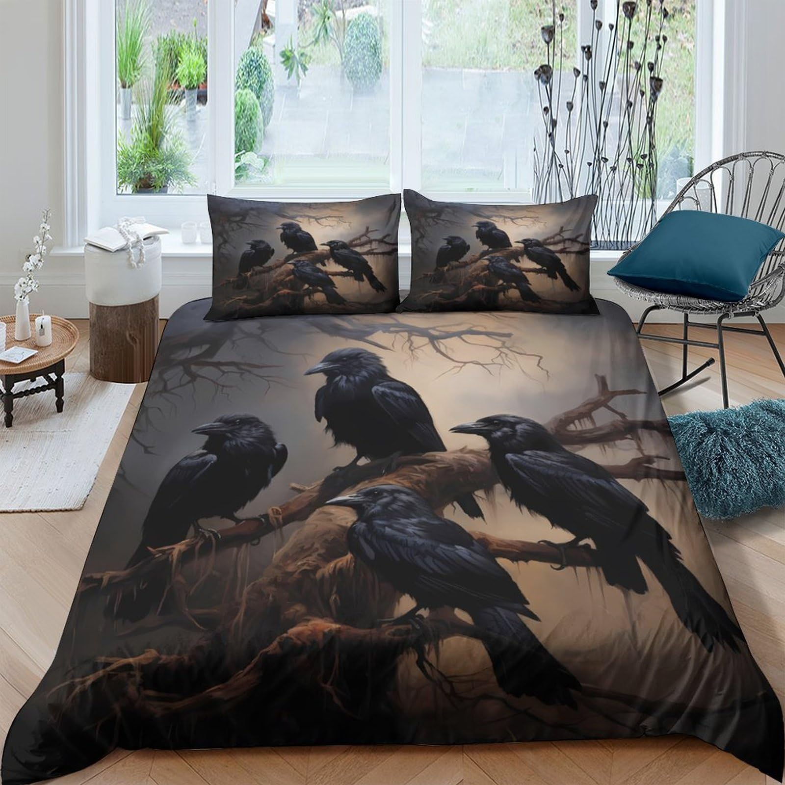 Ctjqhvkz Style-7 3D Printed Gothic Raven Fitted Sheet Microfiber Soft Decor Black Crow Mattress Cover For Bedroom Guest Room Single（135X200cm）