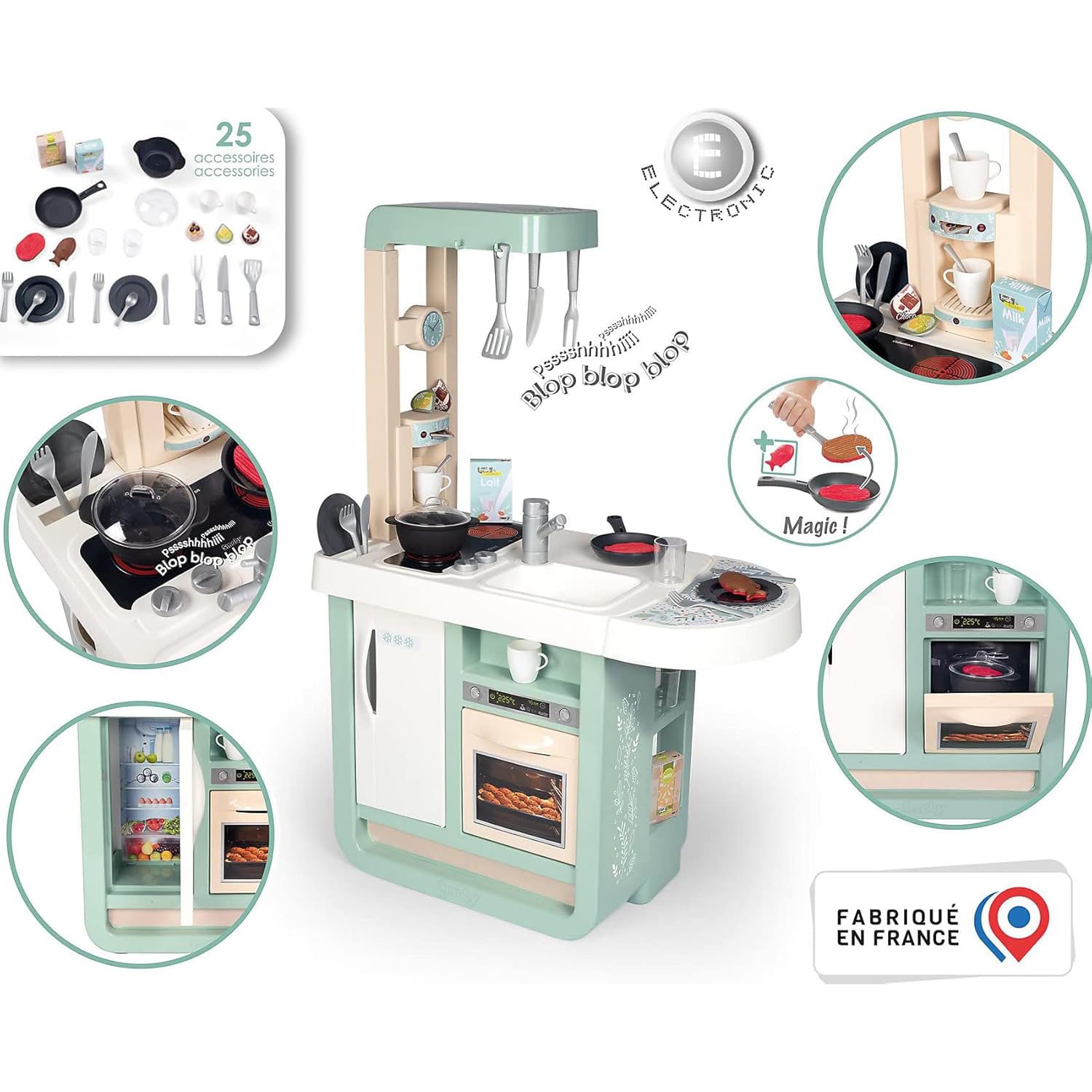 Smoby - Cucina Cherry, 7600310914, +3 anni, design moderno, tante funzioni, 23 accessori, piano di gioco h 48,5 cm