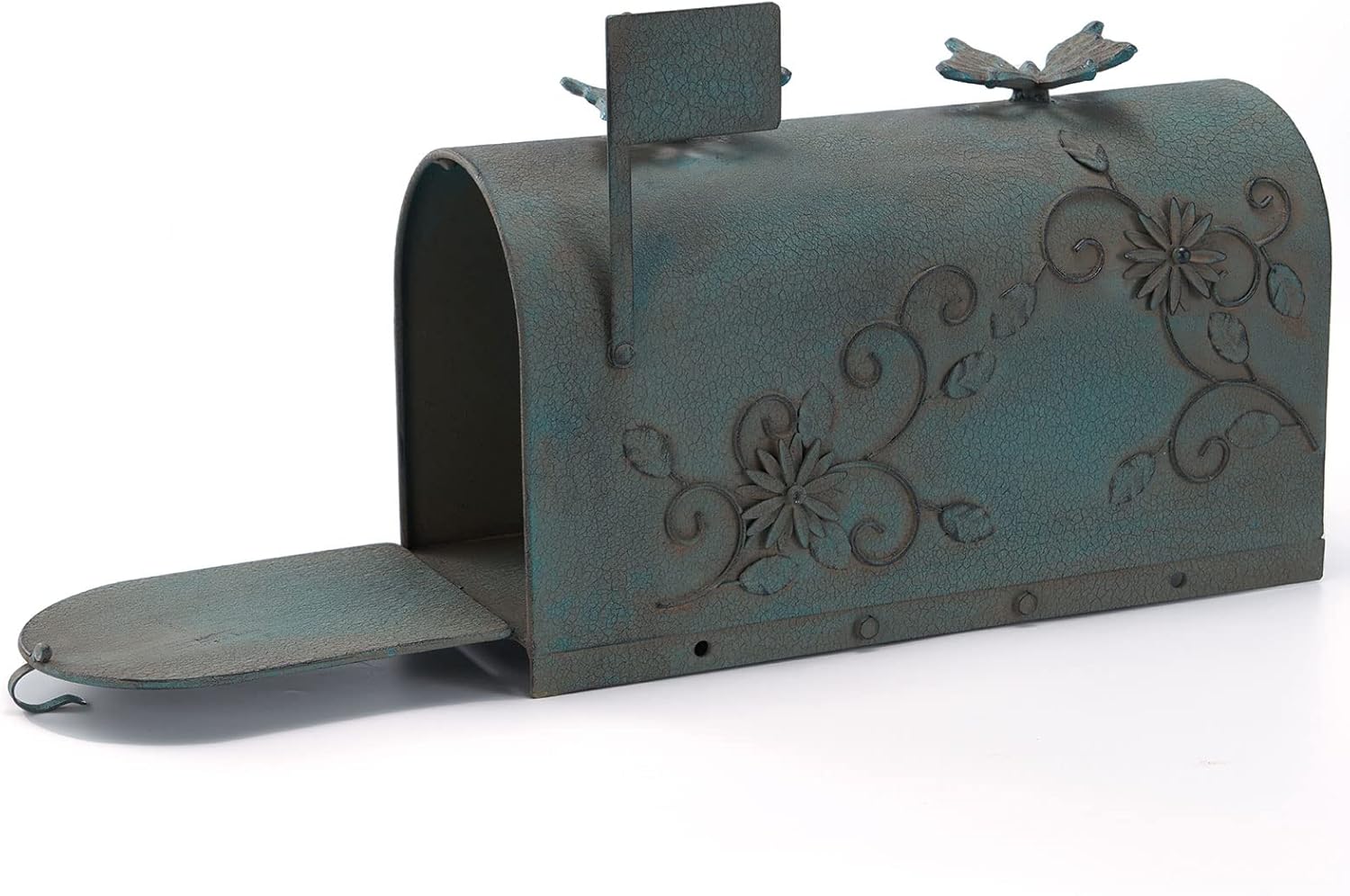 Heavy Duty Galvanized Steel Mailbox Post, Rural Mail Box Postal Storage Box with Butterfly Decoration (Vintage Green)