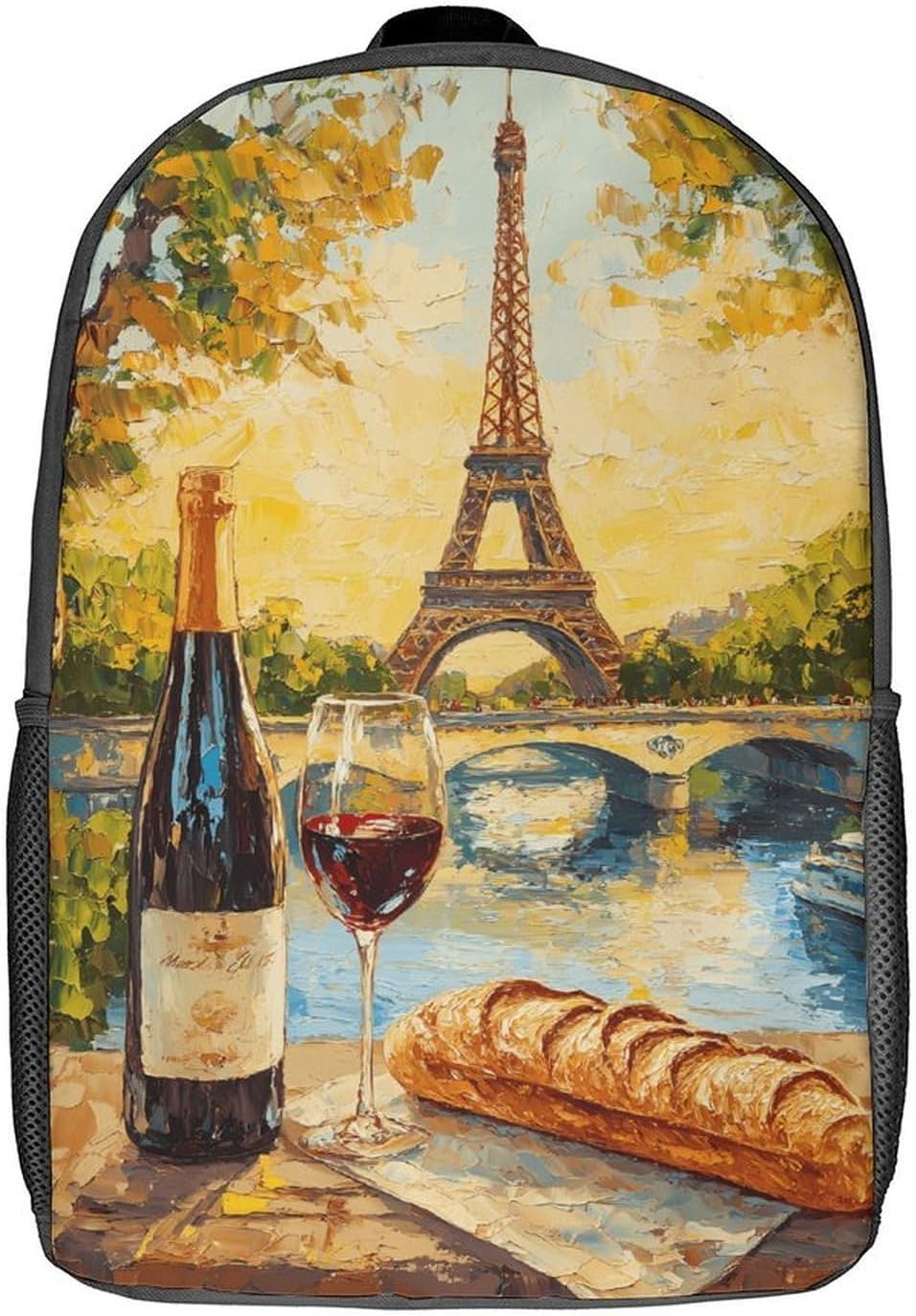 Wine French Bread Eiffel Tower Sunshine Unisex Backpack 17" Casual Daypacks Simple Shoulders Bag for Camping Hiking Travel Gear
