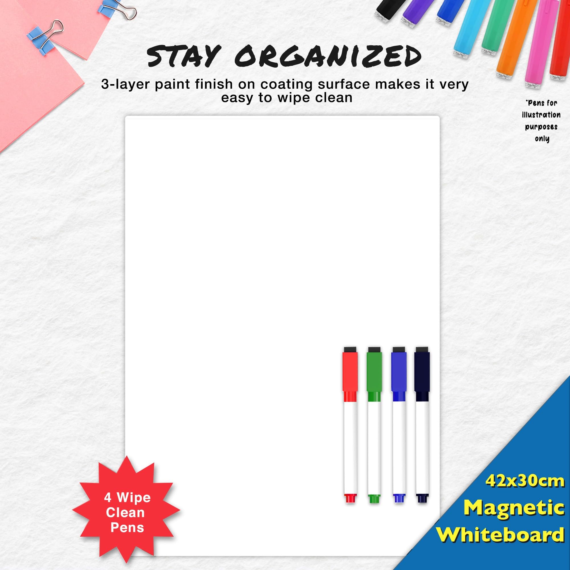 Magnetic Blank Fridge Whiteboard: 42x30cm with 4 Colourful Erasable Pens - Image 2
