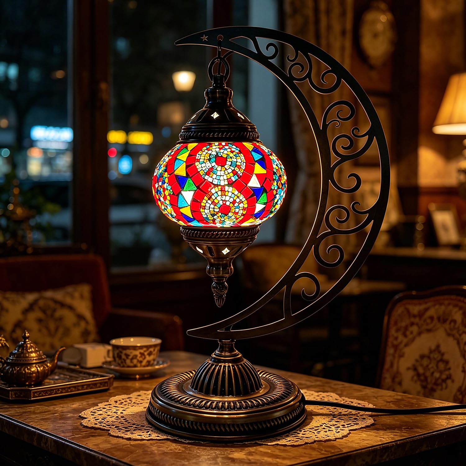 Moroccan Turkish Table Lamp Moon Shaped USB Powered Turkish Mosaic Stained Glass Night Lamp with Bronze Base Colorful Moroccan Globe Night Light for Library Dressing Room Decor(W 6.3in x H 15.35in) — image 1