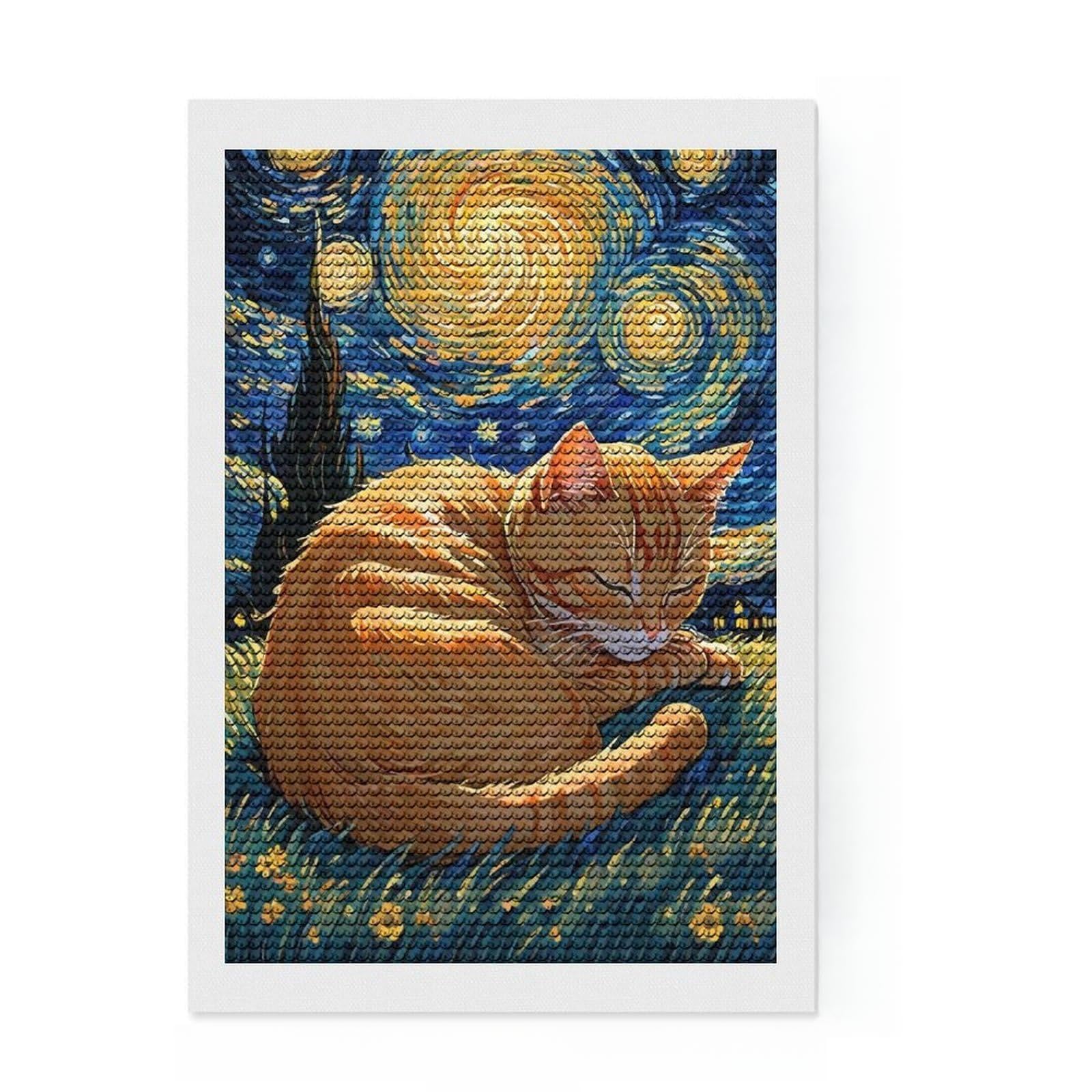 Junmoney Orange Tabby Cat Sleeping in Starry Night Diamond Art Canvas 8"x12", Easy to Follow Symbols, Easy Handmade Project, Boho Decor, Holiday Gift Idea