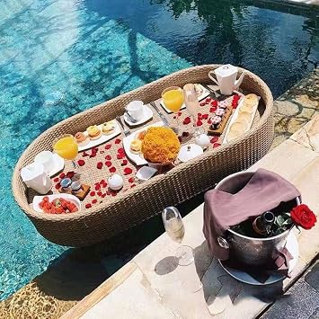 Rattan Floating Breakfast Tray, Deluxe Floating Tray for Pool, Versatile & Portable Serving Bar, Suitable for Sandbars, Spas, Bath, and Parties