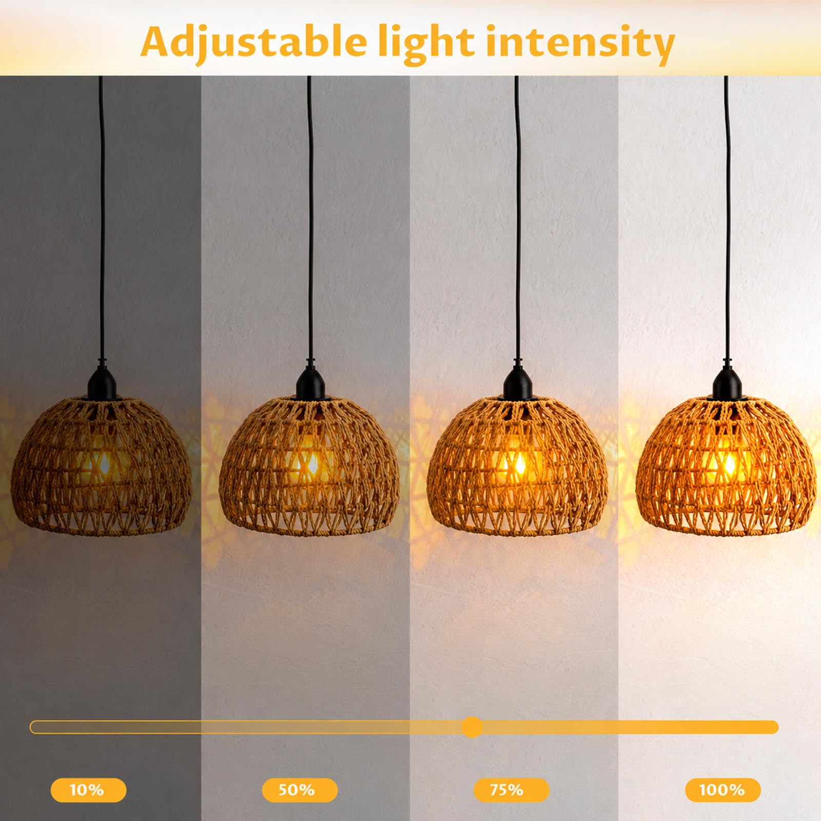 Juego de 2 lámparas colgantes de ratán, lámpara colgante retro E27 con regulador de intensidad, lámpara estilo boho, luz colgante para interiores y exteriores dormitorio, vestíbulo y balcón