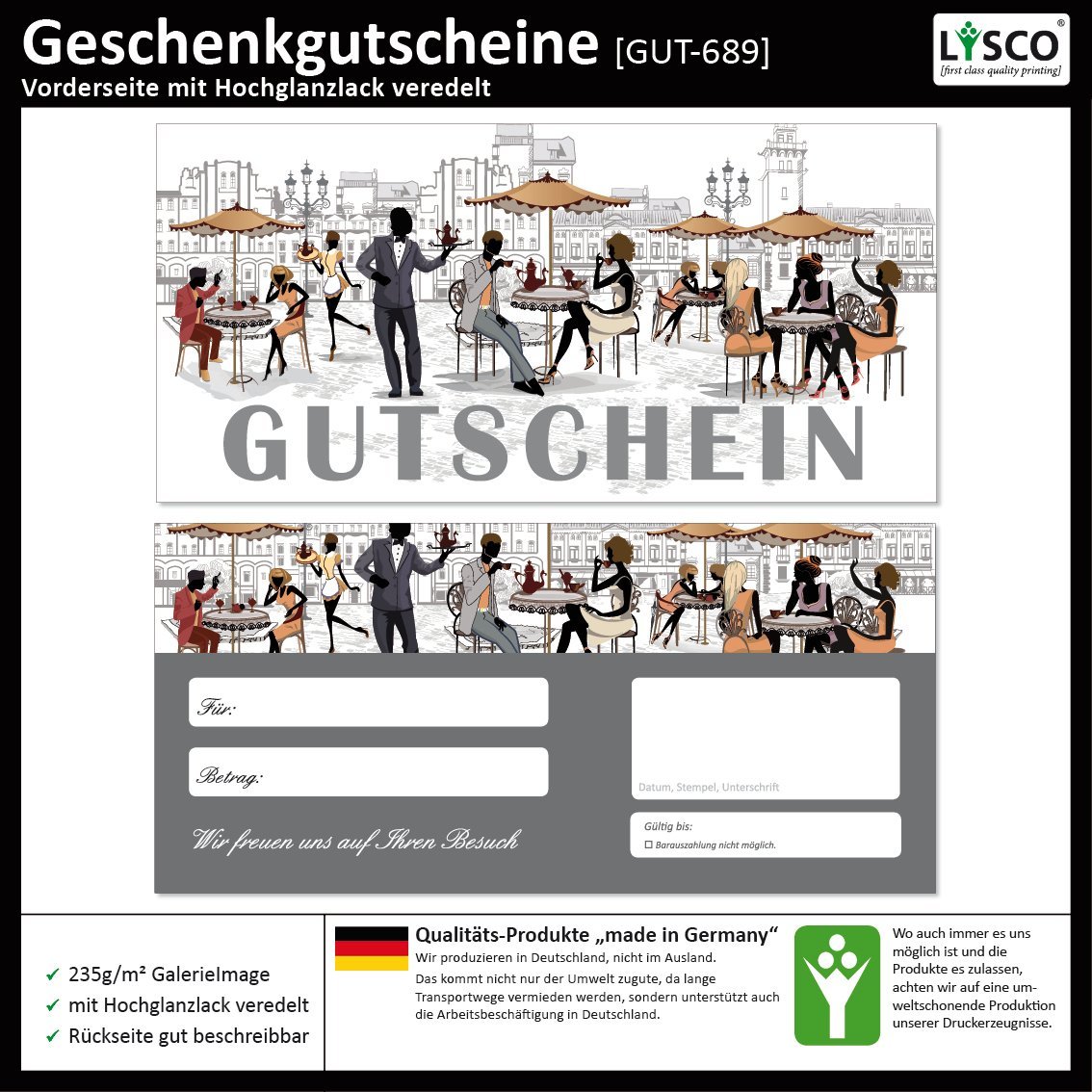 200 Stück Geschenkgutscheine (Straßencafe-689) Gutscheine Gutscheinkarten für Gastronomie Bereiche wie Restaurant Gaststätte Lieferdienst Konditorei